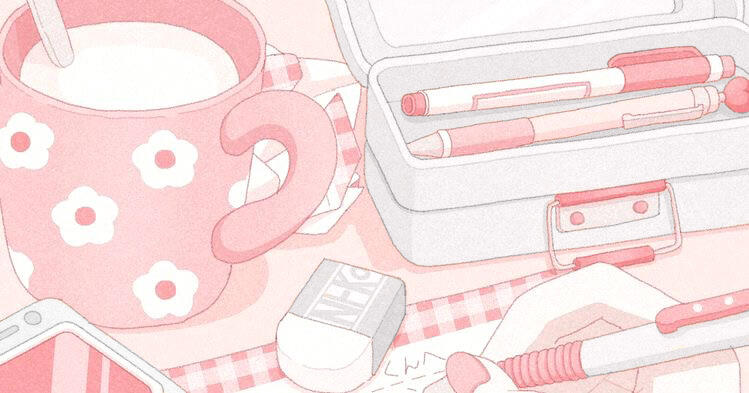 digitally drawn pink and yellow close up of desk with cute looking item scattered on it